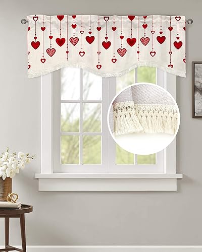 Cenefa de cortina festoneada con diseño de rayas rojas, cenefas de ventana de cocina con borla, cenefa romántica para sala de estar, cenefa retro de