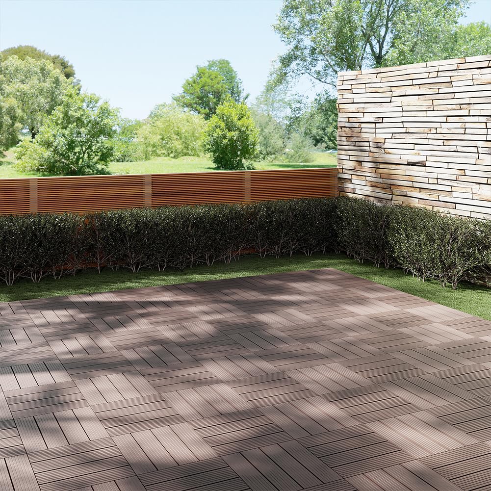 BAKAJI Set 11 Pezzi Piastrelle in WPC da Giardino con Sistema di Drenaggio Acqua, Pavimento Piastrella Resistente Agli Agenti Atmosferici Ideale per Esterno, Patio, Balcone, Terrazzo (Tortora)