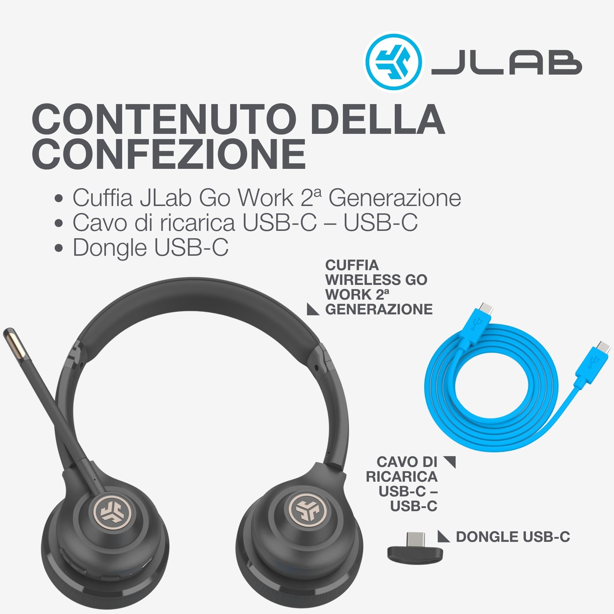 JLab Go Work - Cuffie wireless di seconda generazione con microfono – 55+ Playtime Bluetooth o USB-C Dongle per PC, connessione multipunto a computer e cellulare, cuffie on-ear cablate o wireless per