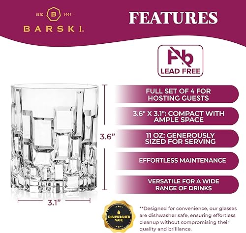 Miniatura 5 de Barski Vasos de whisky  Doble Old Fashioned Rocks Glass  Juego de 4 vasos de cristal DOF  para whisky  Bourbon  Agua  Bebidas  Vasos para beber  11