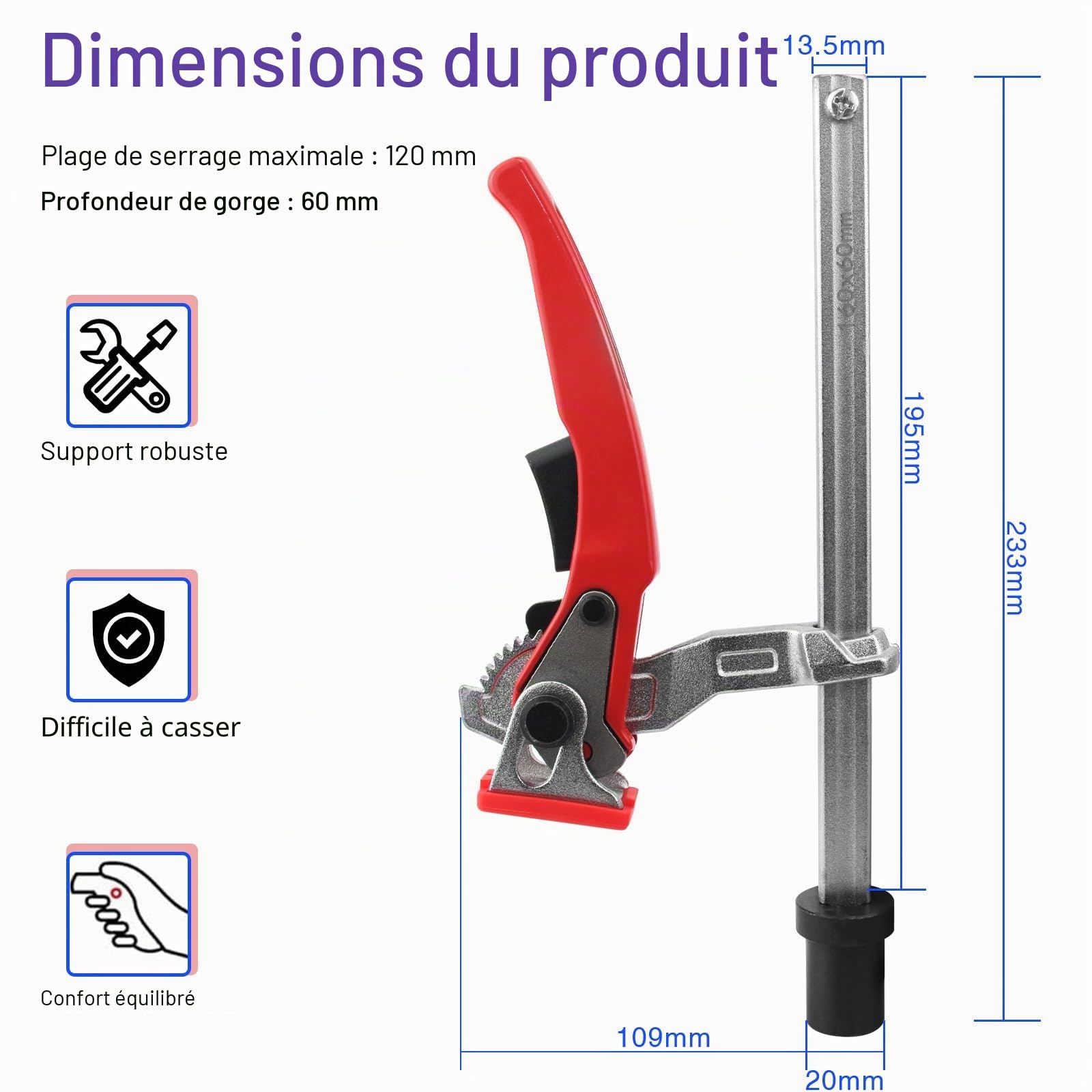 BIGP 2 Pièces Serre Joint à Levier, Élément de Serrage ø20 pour Tables Multifonctions, Presse à Serrage Rapide Réglables, Plage de Serrage 160, Profondeur de Gorge 60