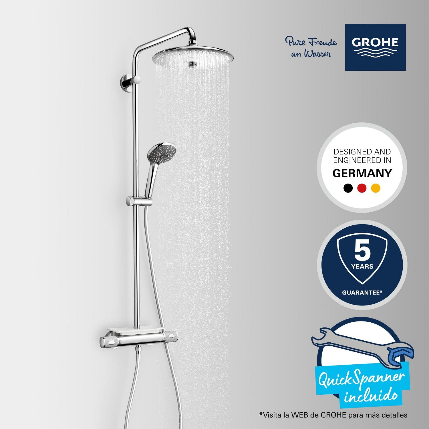 GROHE QuickFix Vitalio Joy 260 - Columna de ducha con termostato (mural 26cm, teleducha 11cm, 3 chorros, flexo 1.75m, repisa, QuickSpanner incl.), cromo, 26403002 [Clase de eficiencia energética A]