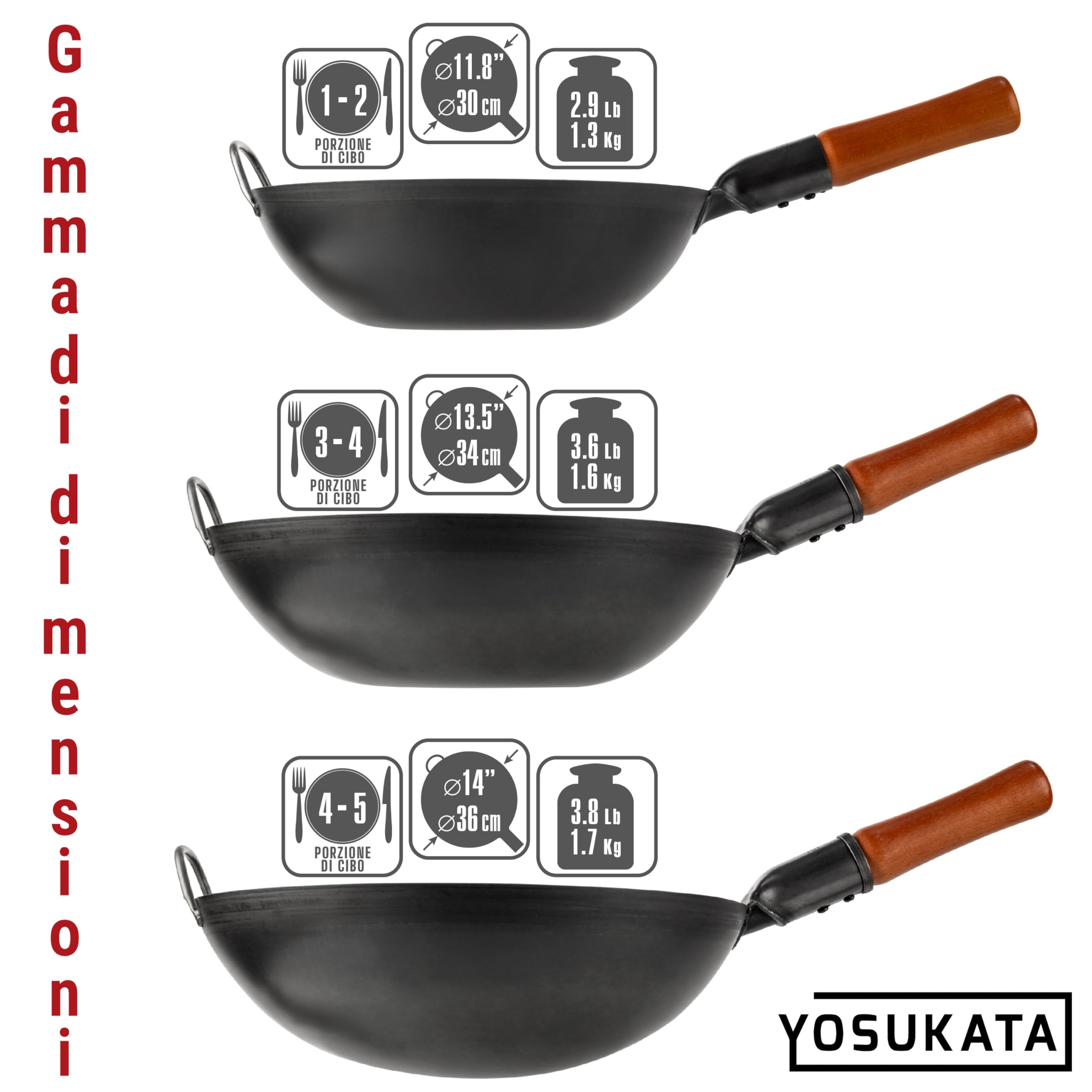 YOSUKATA Wok Padella Professionale 34 cm - Tradizionale Wok Acciaio al Carbonio Fondo Piatto Precondizionato Cinese Originale - Adatto a Gas, Induzione, Elettrico e Fuoco Aperto (Nero)