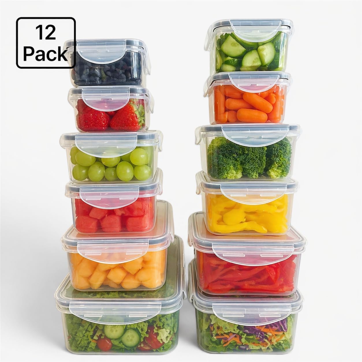 Zaryana 12-Piece Food Storage Containers with Lids, BPA-Free Leakproof Meal Prep Set, Rectangular & Square Plastic Containers with Airtight Silicone Seals, Stackable