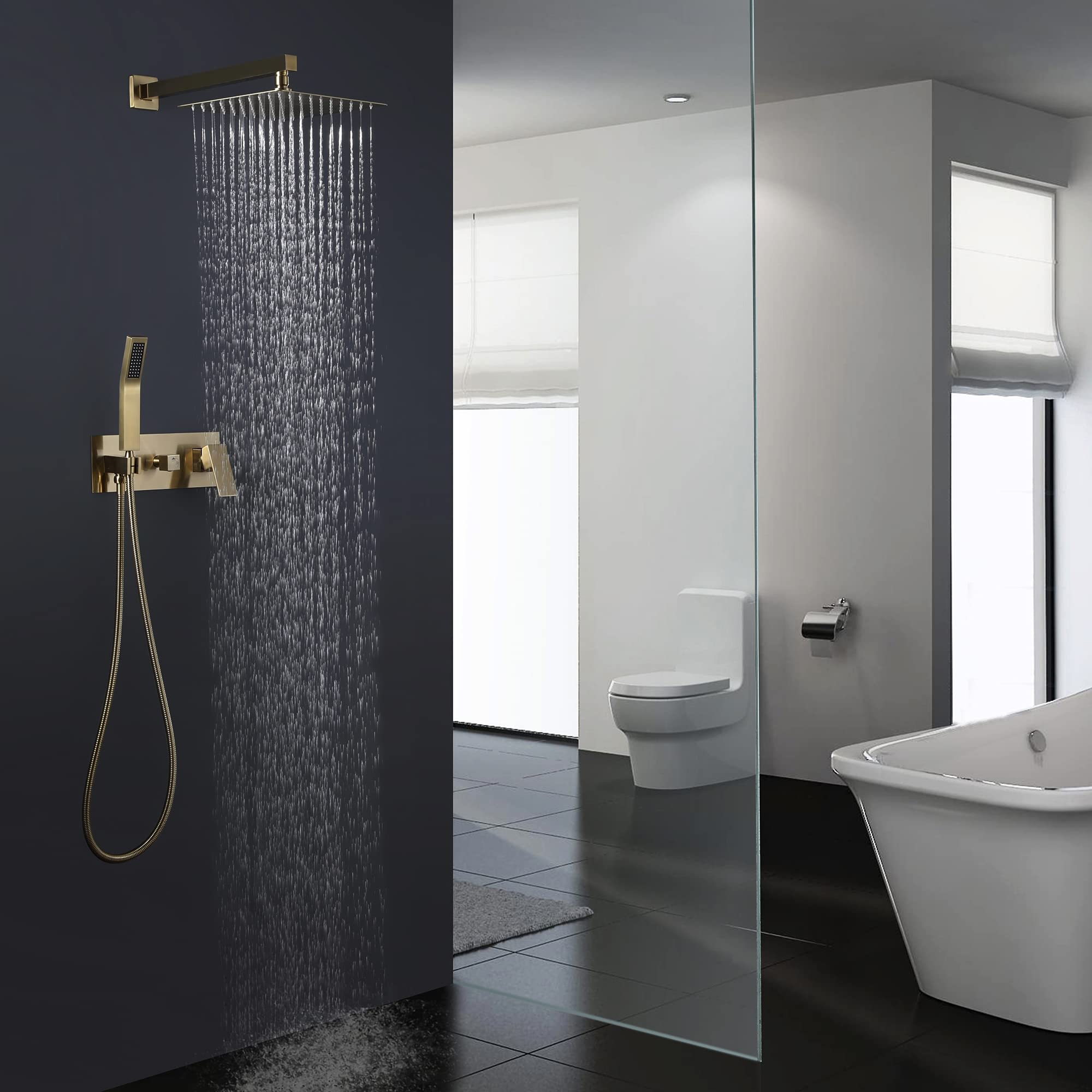 Grifo Mezclador baño con Ducha Lluvia y rociador Mano, Grifo Ducha Dos vías, Mezclador Lluvia Pared Oro Cepillado con Cabezal Ducha Lluvia 25 cm.