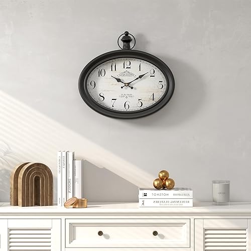 Miniatura 8 de Reloj de pared ovalado retro, estilo antiguo vintage, negro, funciona con pilas, para granja, cocina, dormitorio, baño, oficina, (10.5 pulgadas de