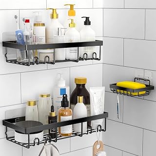 MOFOROCO 3-Pack Rustproof Adhesive Shower Caddy with Soap Holder - No Drill Bathroom Shelf Organizer, 22lb Capacity Black