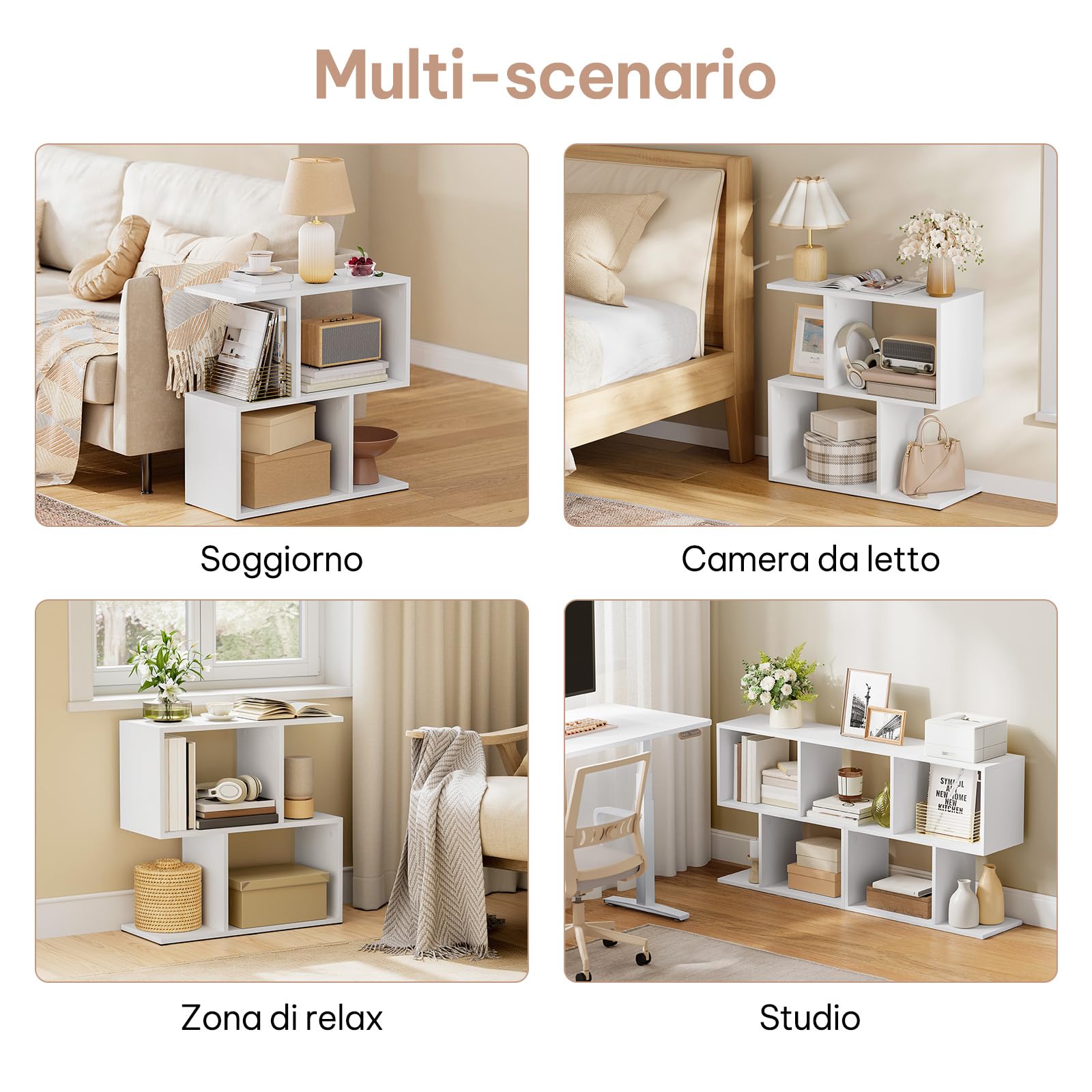 eSituro Tavolino Salotto a Forma di S, Tavolino Laterale da Divano Moderno, per Soggiorno, Balcone, Studio, Camera da Letto, con 1 Ripiano Superiore e 4 Scomparti, Bianco
