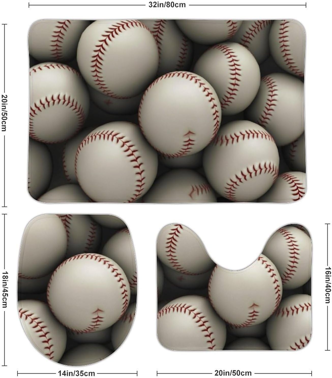 Anti-Skid Floor Mats 3 Piece Set,Baseball Printed Coral Fleece Bathroom Mats U-Shaped Contour Mat Toilet Seat Cover for Bathroom, Tub, Shower, Kitchen 19.7"x31.5"