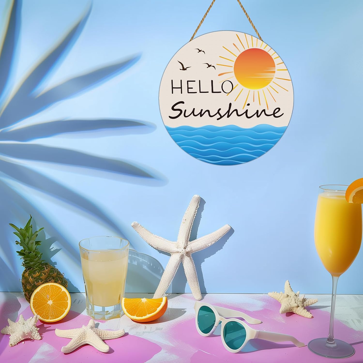 Summer Decorations for Home Summer Door Decor Hello Sunshine Door Sign Sea Sun Hanging Plaque Pool Decorations Wooden Front Door Hanger Hanging Sign for Office Porch Wall Indoor Home Decor(Blue)