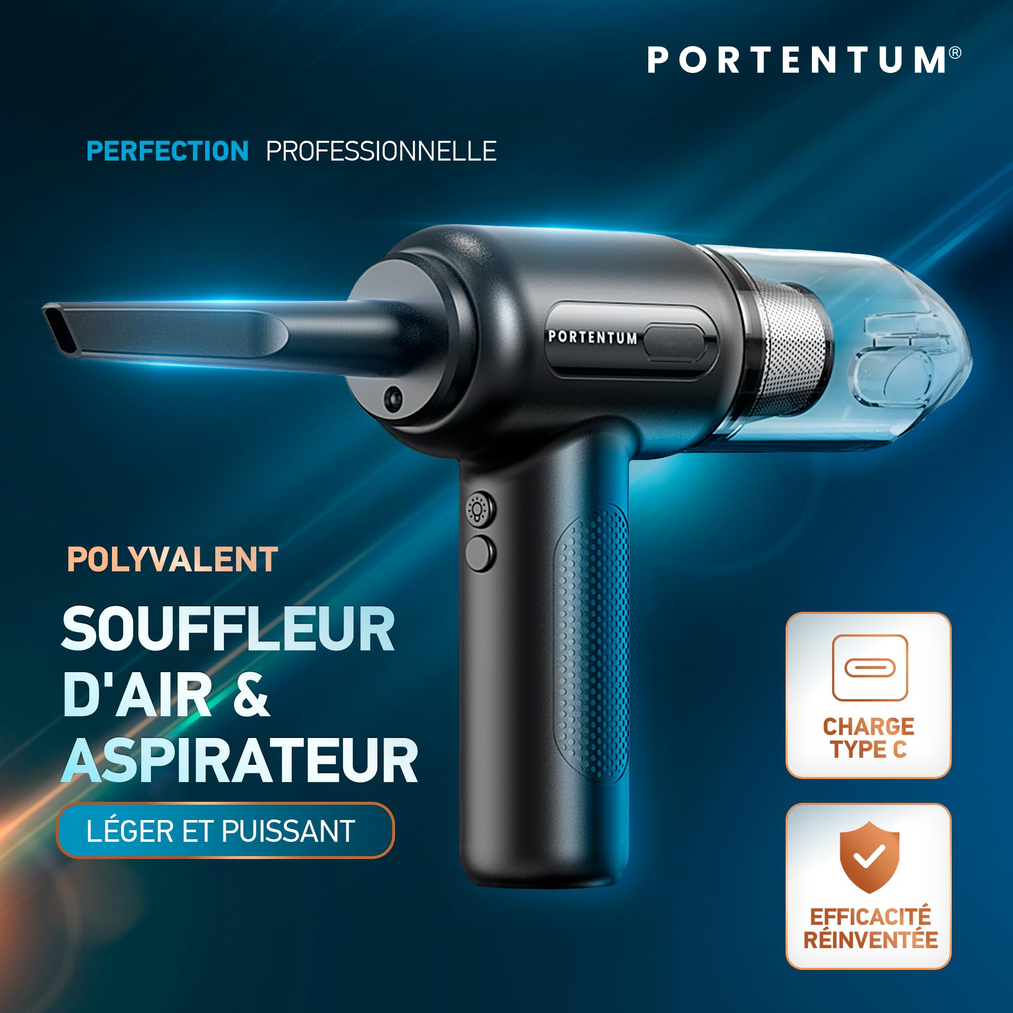PORTENTUM 2 en 1 Aspirateur sans Fil et Souffleur Air Comprimé - Batterie, 3 Vitesses et Lumière LED - Aspirateur pour Voiture, Clavier, PC, Maison