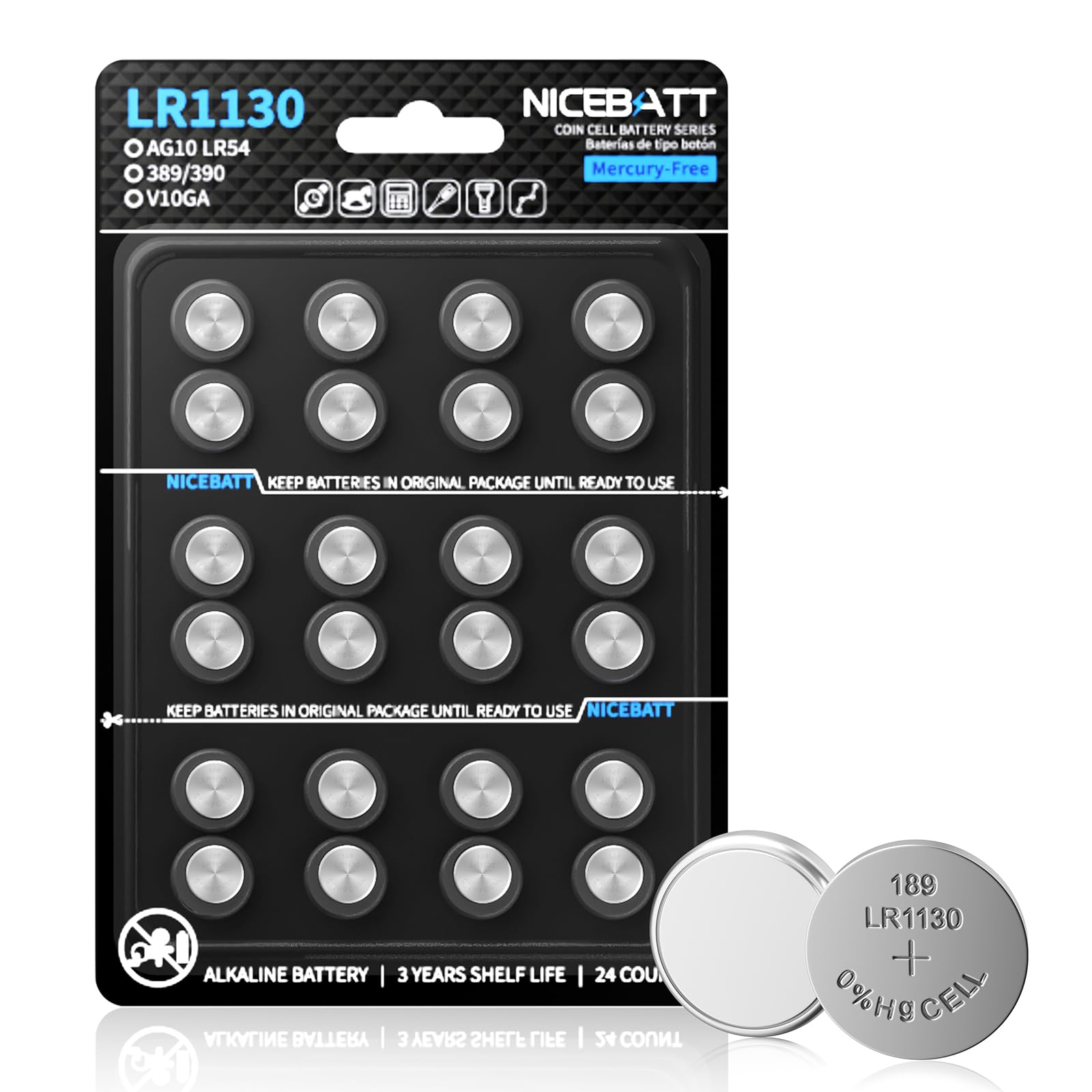 NICEBATT LR1130 AG10 Battery 24 Pack, 1.5V Long-Lasting 189 389 LR54 V10GA Alkaline Button Cell Batteries