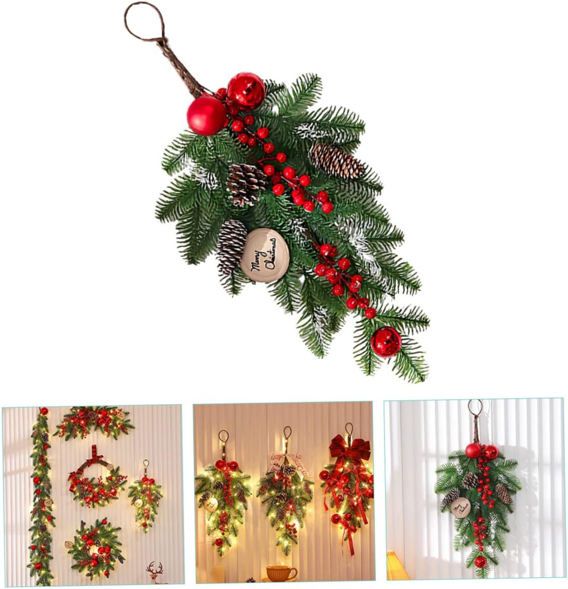 Cabilock Christmas Teardrop Swag Lightweight Artificial Door Hanging Pendant with Plastic Berries for Holiday Home Staircase Fireplace Decoration Faux Pine Garland