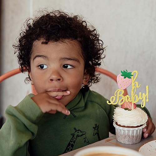 Miniatura 3 de 24 piezas de decoración de cupcakes de fresa Oh Baby con purpurina para baby shower, fresa, magdalenas, para tema de frutas, baby shower, niños,