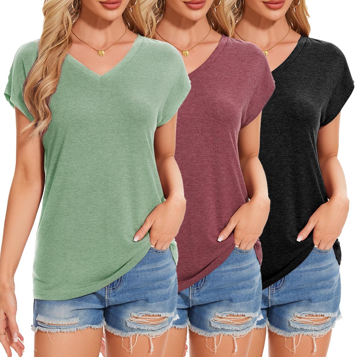 XZXTOGO Cap Sleeve Tops for Women 3 Pack V Neck T Shirts Casual Summer Loose Fit Basics Work Clothes