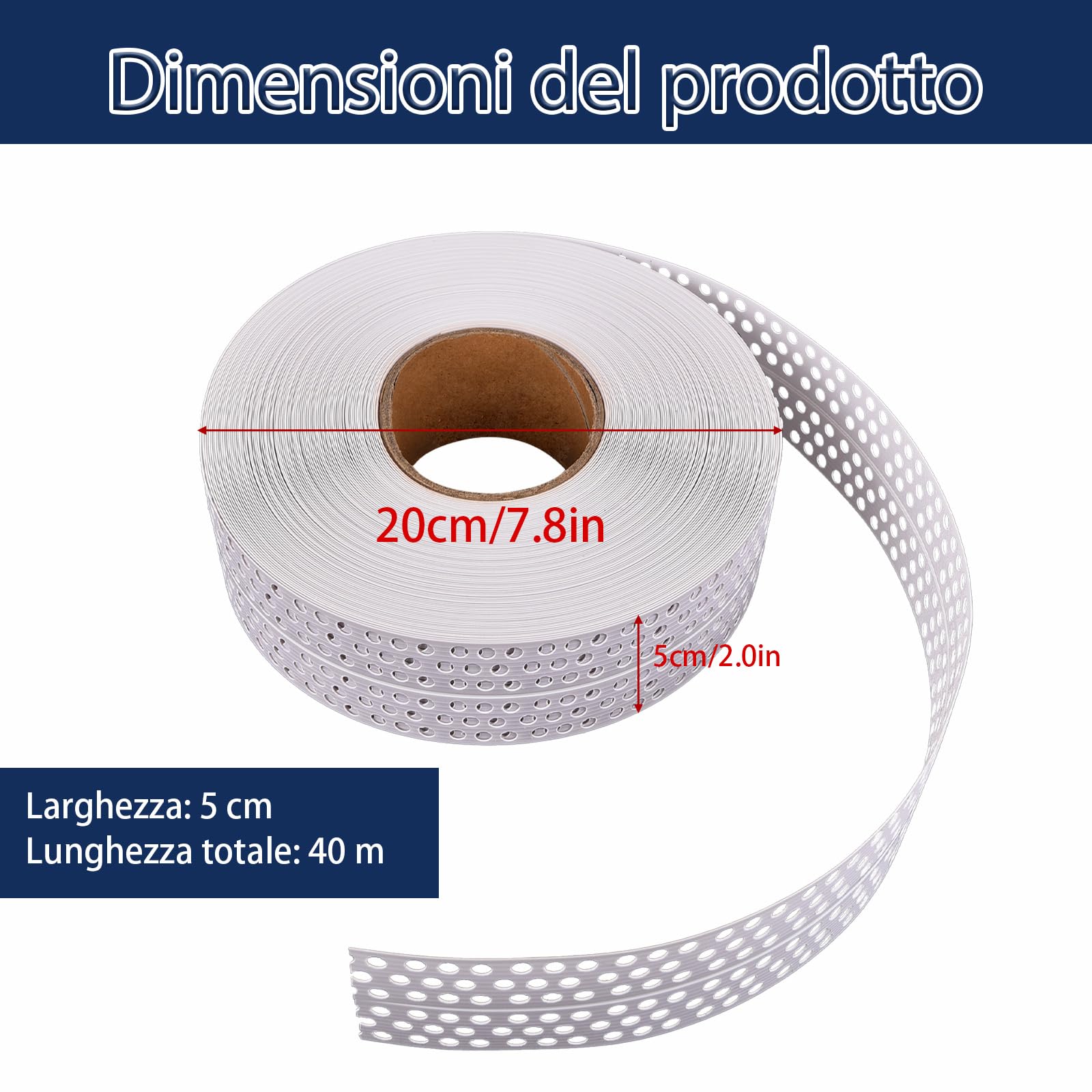 Nastro per cuciture generico 40 m x 5 cm in cartongesso in PVC autoadesivo per angoli interni ed esterni, rinforza e protegge le giunzioni, ripara le pareti