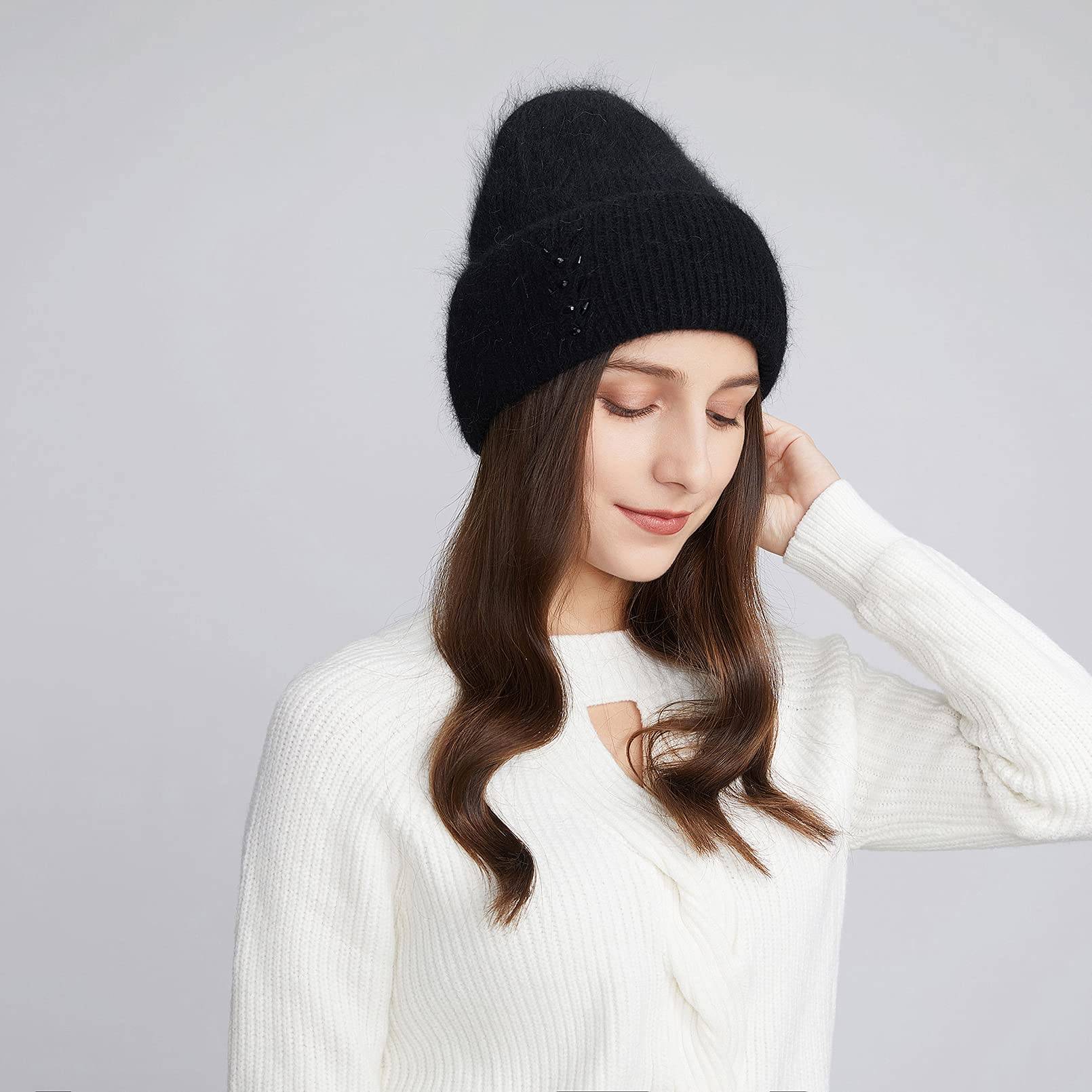 BeFur Bonnet à pompon en cachemire pour femme - Chaud - Côté large avec strass - Pour l'hiver, Noir , Taille unique