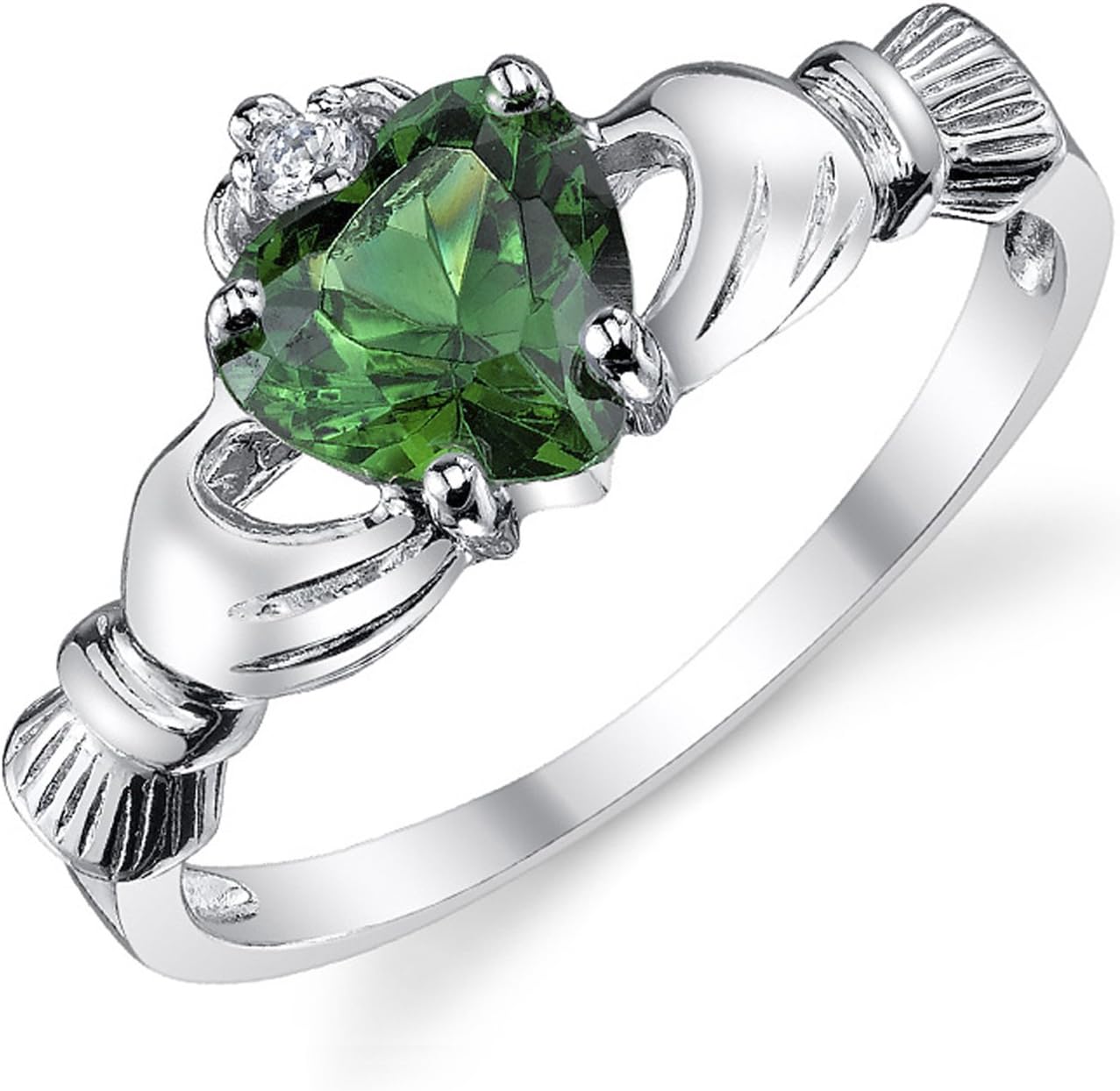Metal Masters Sterling Silver 925 Irish Claddagh Friendship & Love Ring with Simulated Emerald Green Color Heart Cubic Zirconia