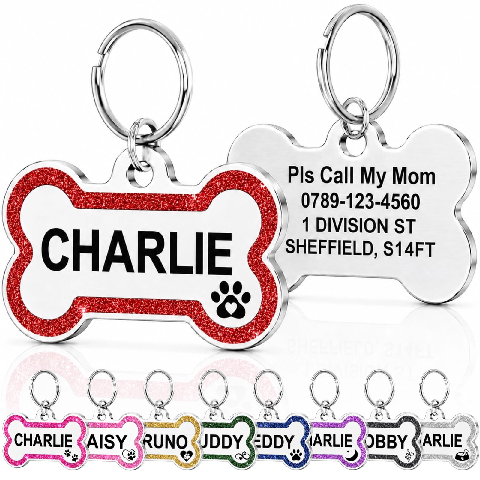 Dog Tags for Pets Engraved UK Prime, Personalised ID Tags for Dogs with Any Name & Text, Dog Glitter Bone Tag Custom Stainless Steel, Dog Name Tag for Puppy Pet Dogs (Red Bone, S)