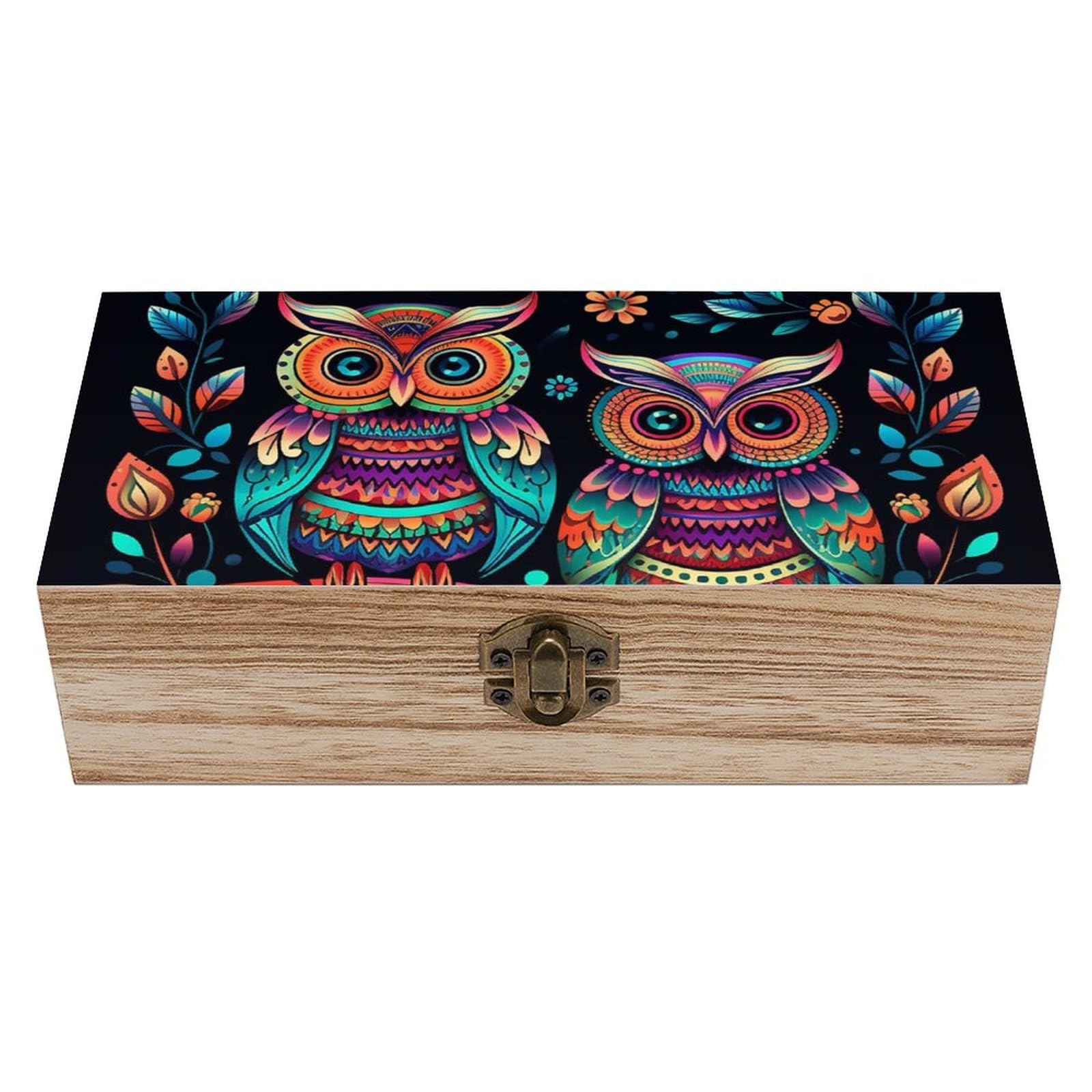 NTVOWPZO Wooden Storage Box Colorful Owl Pictures Wood Gift Box with Hinged Lid Vintage Decorative Boxes Jewelry Memory Box for Jewelry Art Hobbies Home Storage Treasure Keepsake Gift