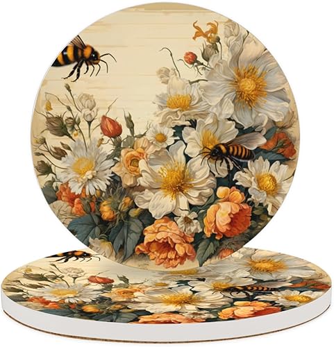 4 posavasos para bebidas, juego de posavasos de corcho absorbente de abejas y flores, posavasos redondos para bebidas, posavasos de abeja de ensueño