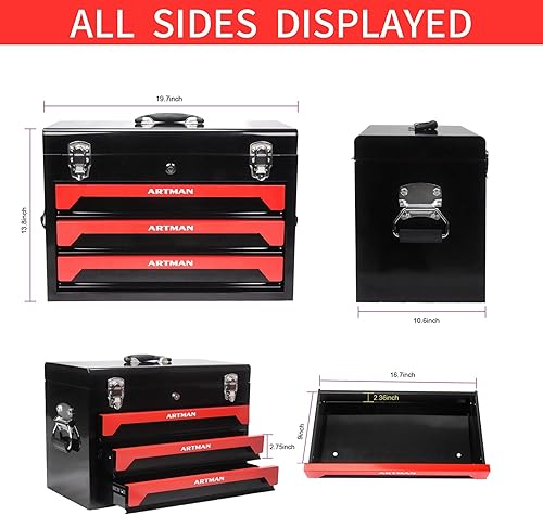 Miniatura 3 de Caja de herramientas portátil de acero de 20 pulgadas, con 3 cajones, 4 capas de herramientas con pestillos de metal, con bandeja de almacenamiento