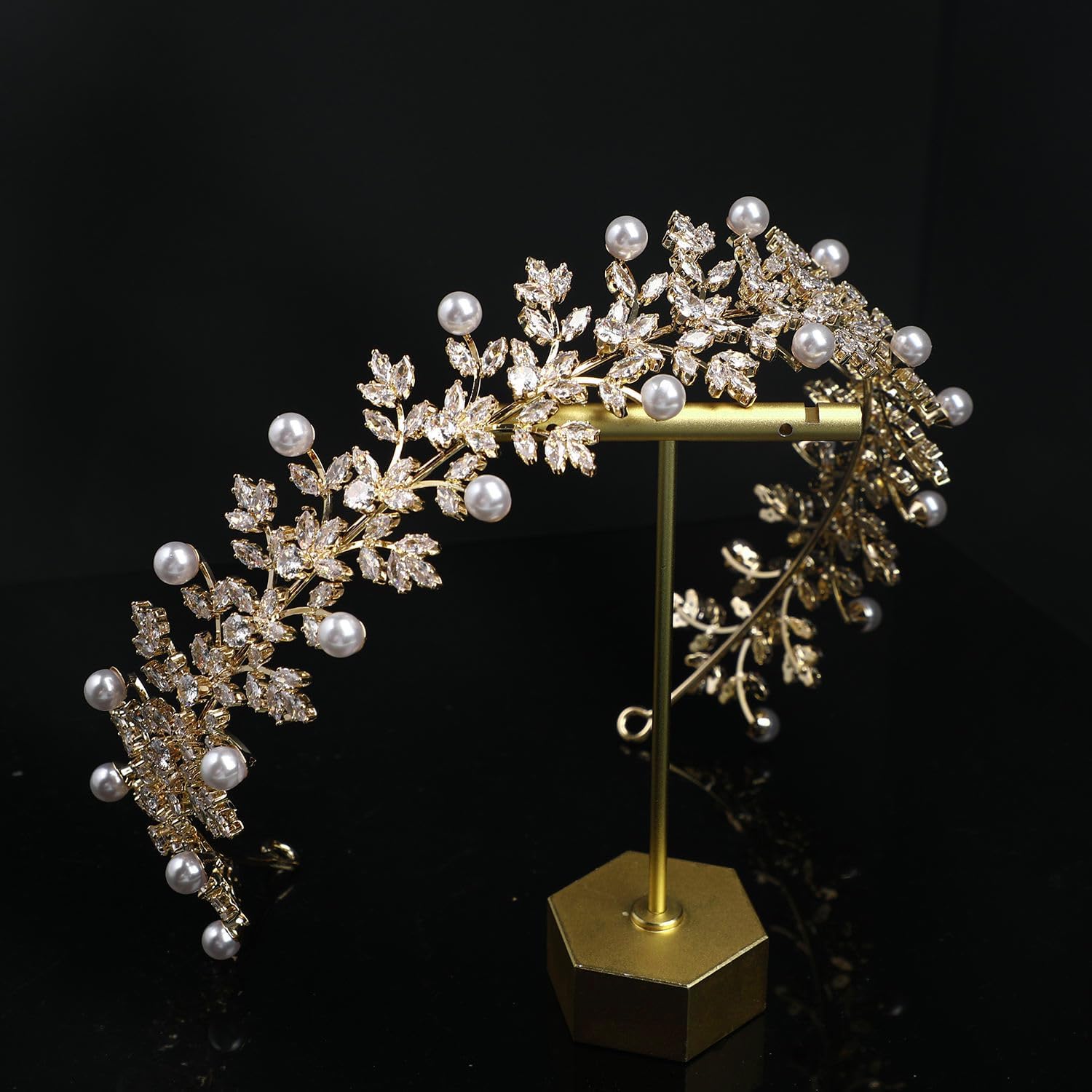 QXMYOO 5A CZ Wedding Headband for Bride Pearl Headpiece Silver Gold Cubic Zirconia Sweet 16 Birthday Prom Party Quinceanera Tiara Bridal Hair Pieces