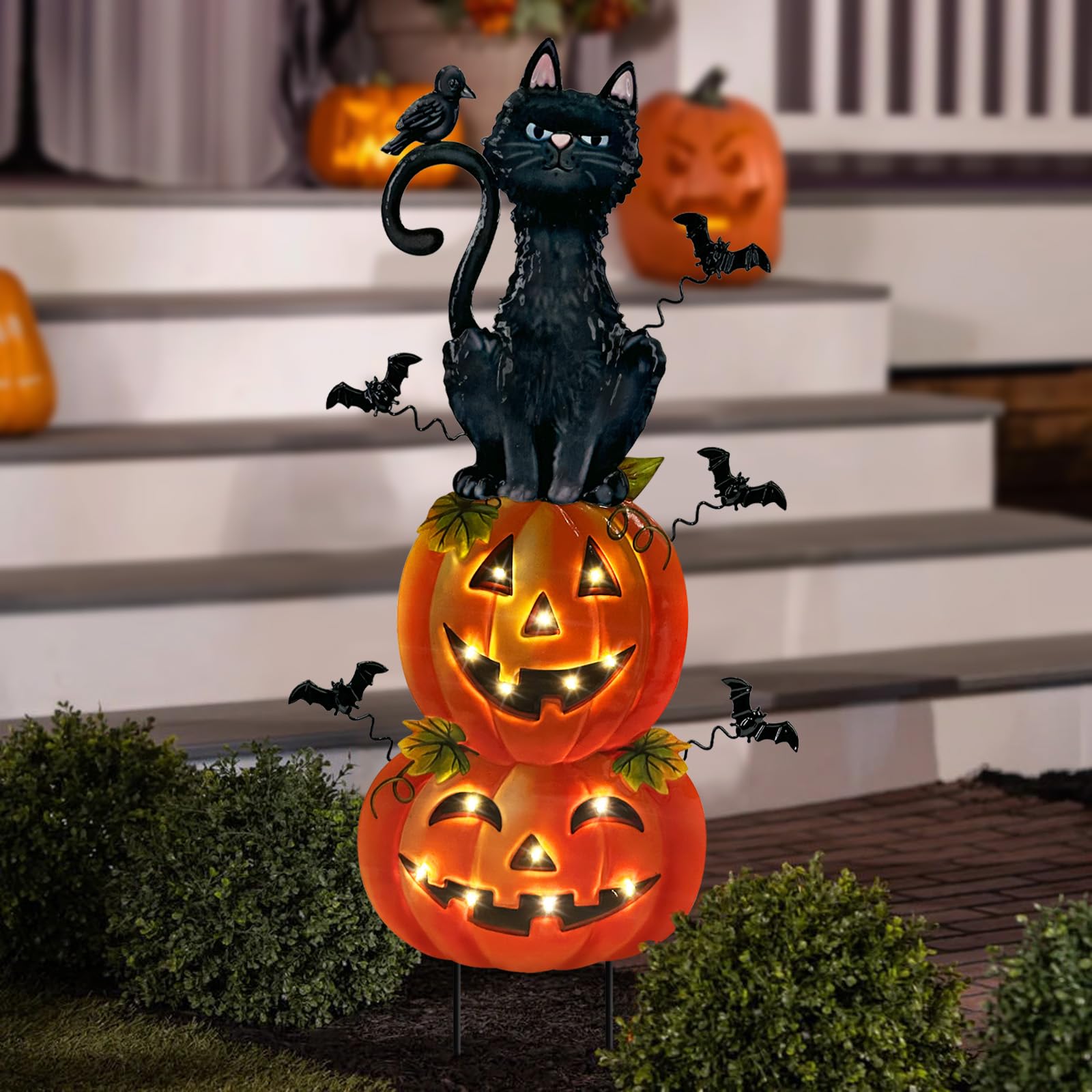 Decorazioni di Halloween all'aperto, gatto nero in metallo a batteria con pipistrelli di zucca illuminato timer per esterni, spaventoso Halloween Yard Art per patio, cortile, prato, interno