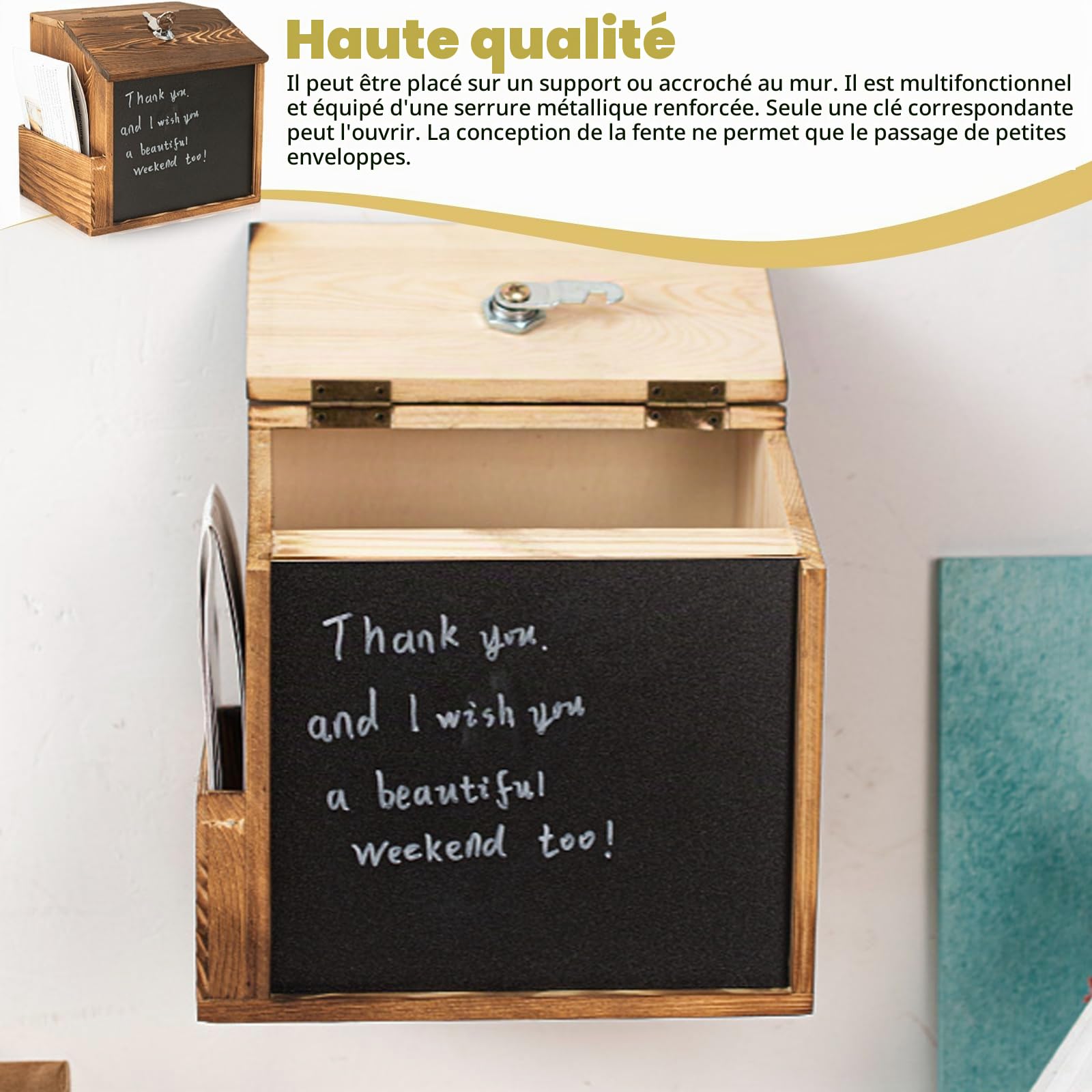 Boîte à suggestions en bois avec serrure et tableau à craie, boîte à dons verrouillable pour montage mural, boîte à suggestions, urne pour bureau, école, centre client, hôpital (Marron)