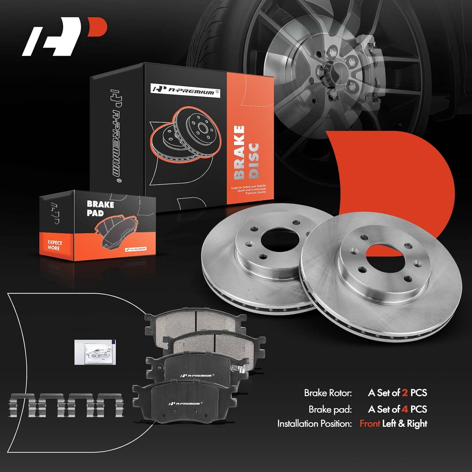 A-Premium 10.08 inch (256mm) Front Vented Disc Brake Rotors + Ceramic Pads Kit Compatible with Select Hyundai and Kia Models - Accent 2006-2011, Rio/Rio5 2006-2011, 1.6L, 6-PC Set