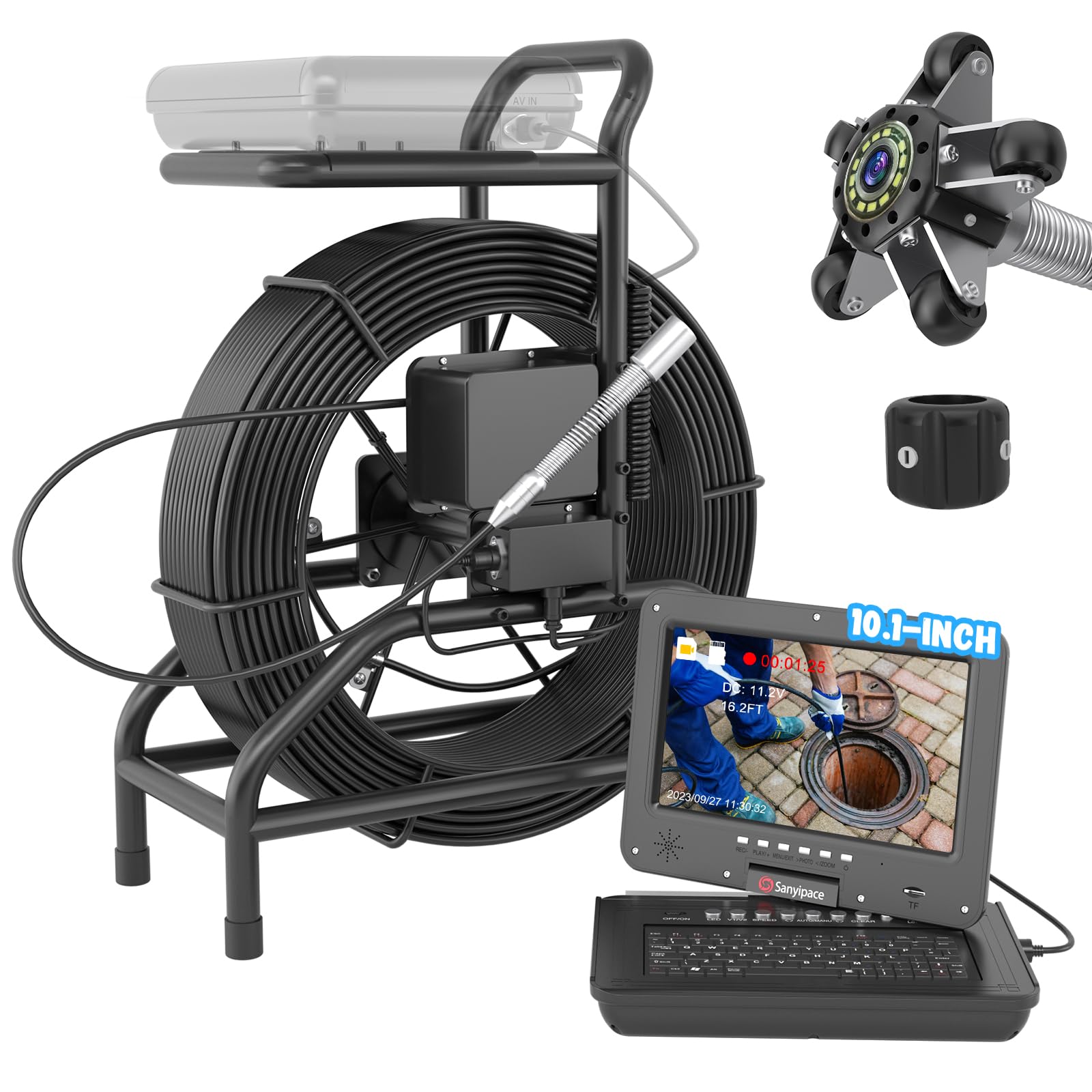 Sanyipace Professional Drain Camera, 10" HD Sewer Camera with 100M/328ft Thicker Cable, Distance Counter, Self-leveling, Audio & Video, Black, Waterproof