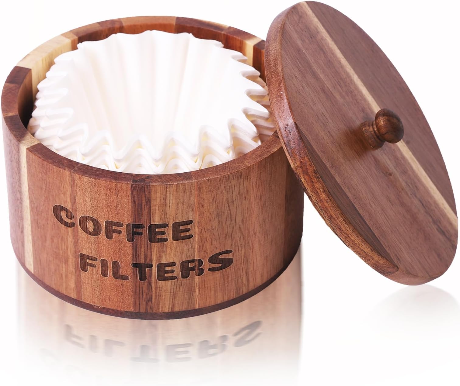 CATORYCoffee Filter Holder, Acacia Wood Coffee Filter Storage, Round Coffee Filter Container Coffee Bar Organizer, Rustic Coffee Filter Dispenser Basket For Coffee Bar Decor
