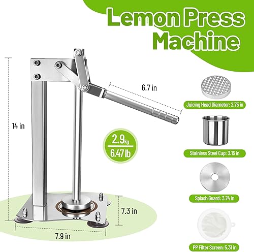 Miniatura 6 de Exprimidor de limones, prensa manual profesional de acero inoxidable resistente con base de succión antideslizante, protector contra salpicaduras y