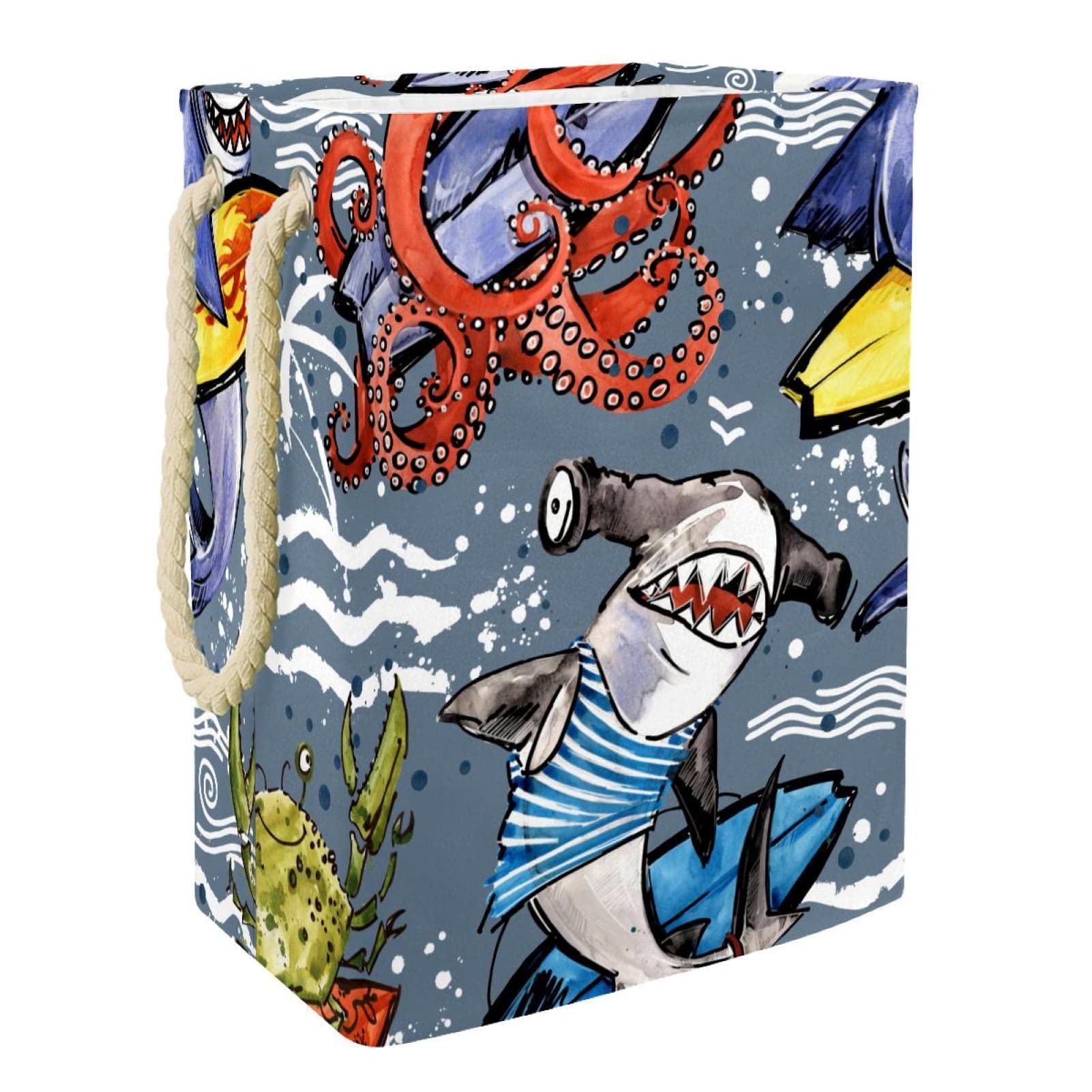 Panier à linge grand format pieuvre et requins pour linge sale de chambre