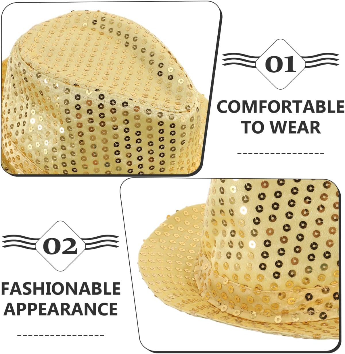 2pcs Sequin Jazz Top Hat and Fedora, Black Disco Snapback for Women's Performance Costume