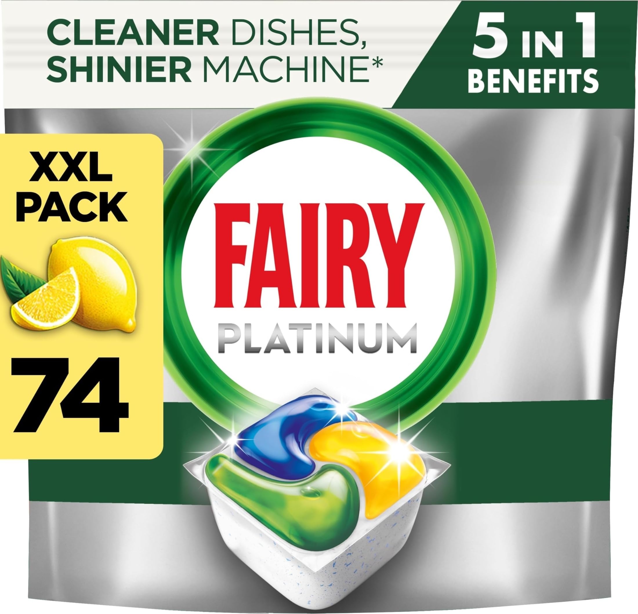 Fairy Platinum All-In-1 Dishwasher Tablets Bulk, 74 Tablets, Lemon, With Greasy Filter & Rinse Aid Action