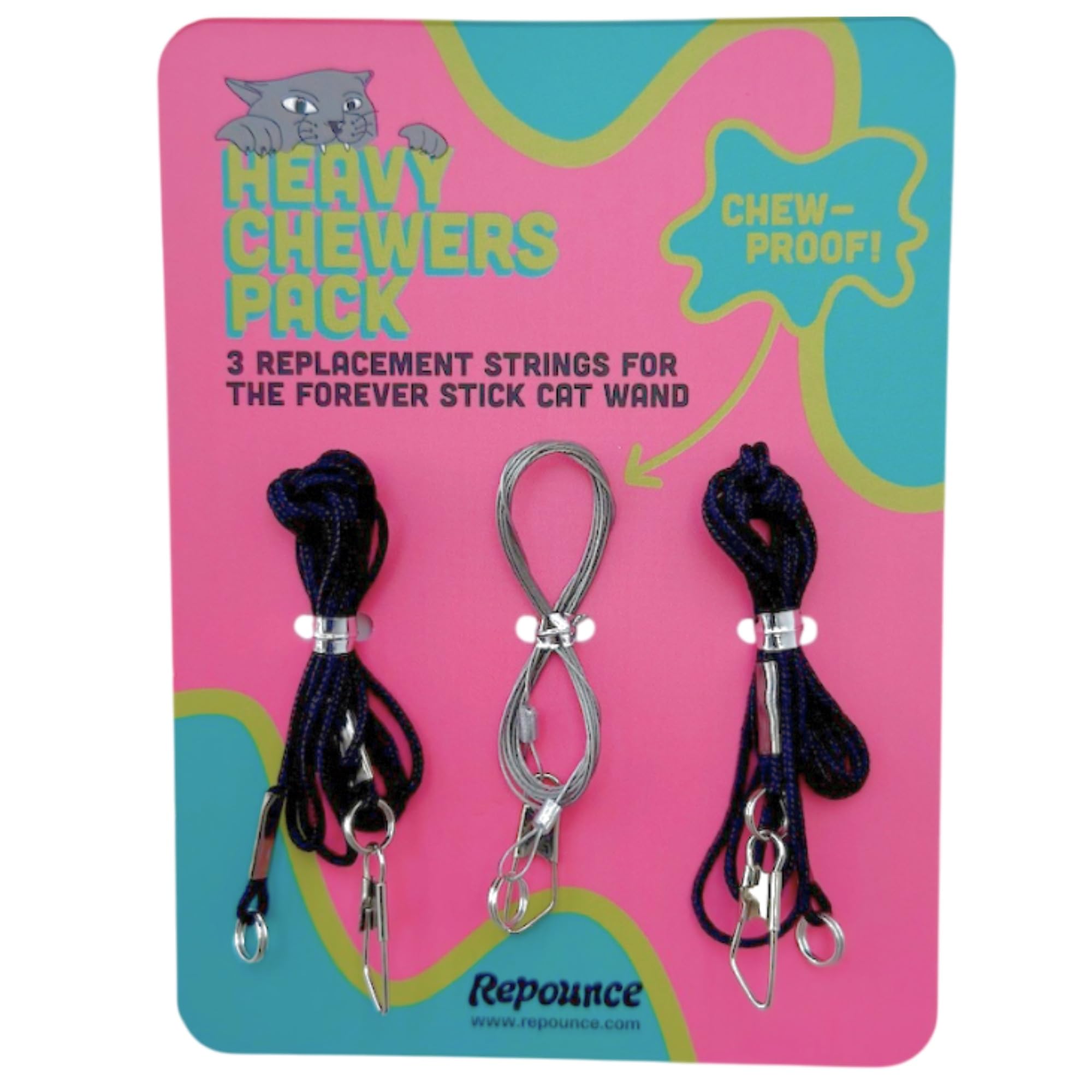 repounce Replacement Strings for Cat Wand Toy - 3-Pieces - Chew-Proof Metal Wire and 2 Durable Paracord Strings - Heavy Chewers Pack Cat Wand Toy Refill Strings with Universal Clasps for All Lures