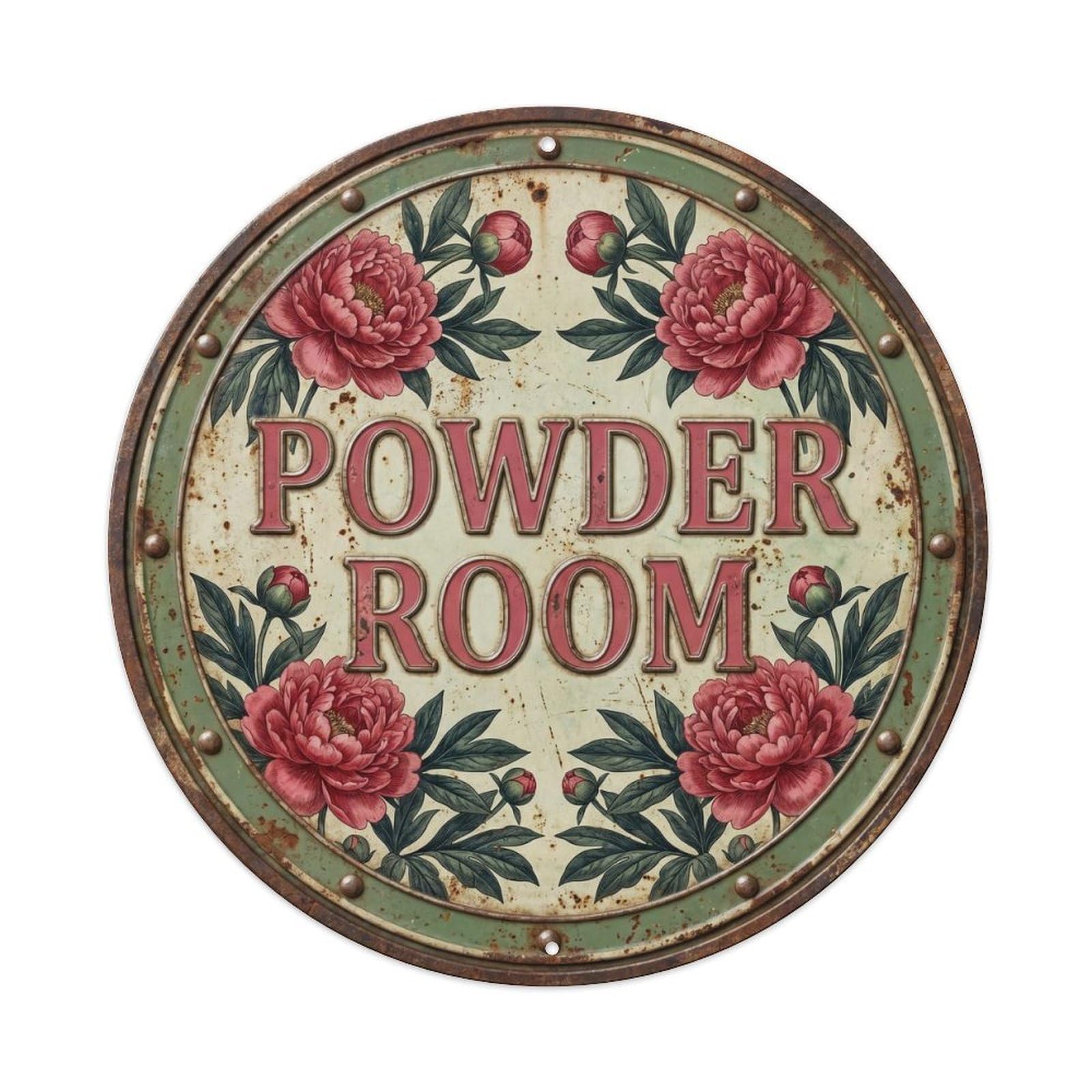 Powder Room Botanical Floral Vintage Label Peony Metal Tin Sign