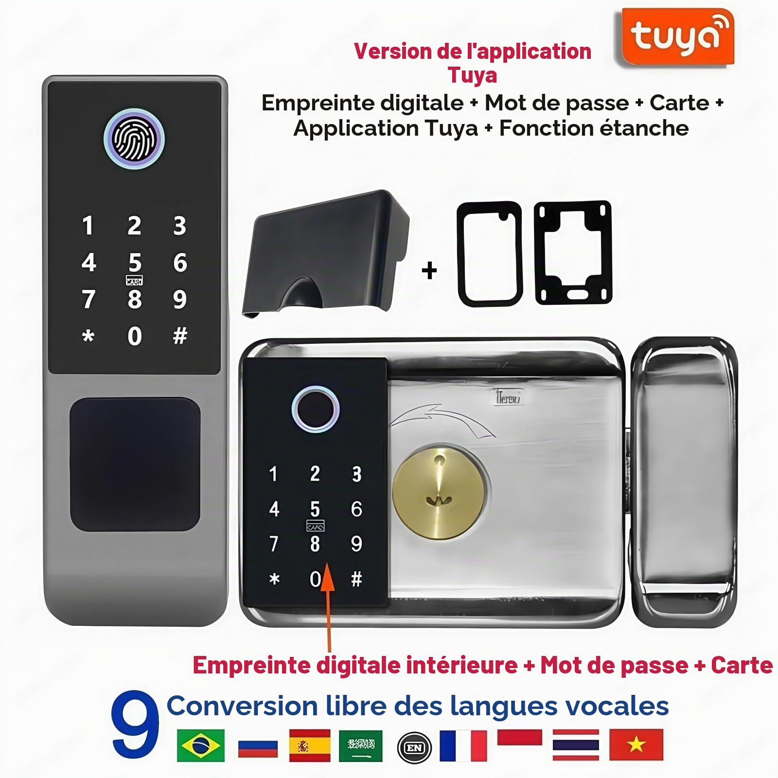 Serrure connectée Tuya étanche, Double Face, avec Empreinte Digitale, for Portail extérieur, Mot de Passe numérique, Application à Distance, for la Maison(Tuya(Double Code))