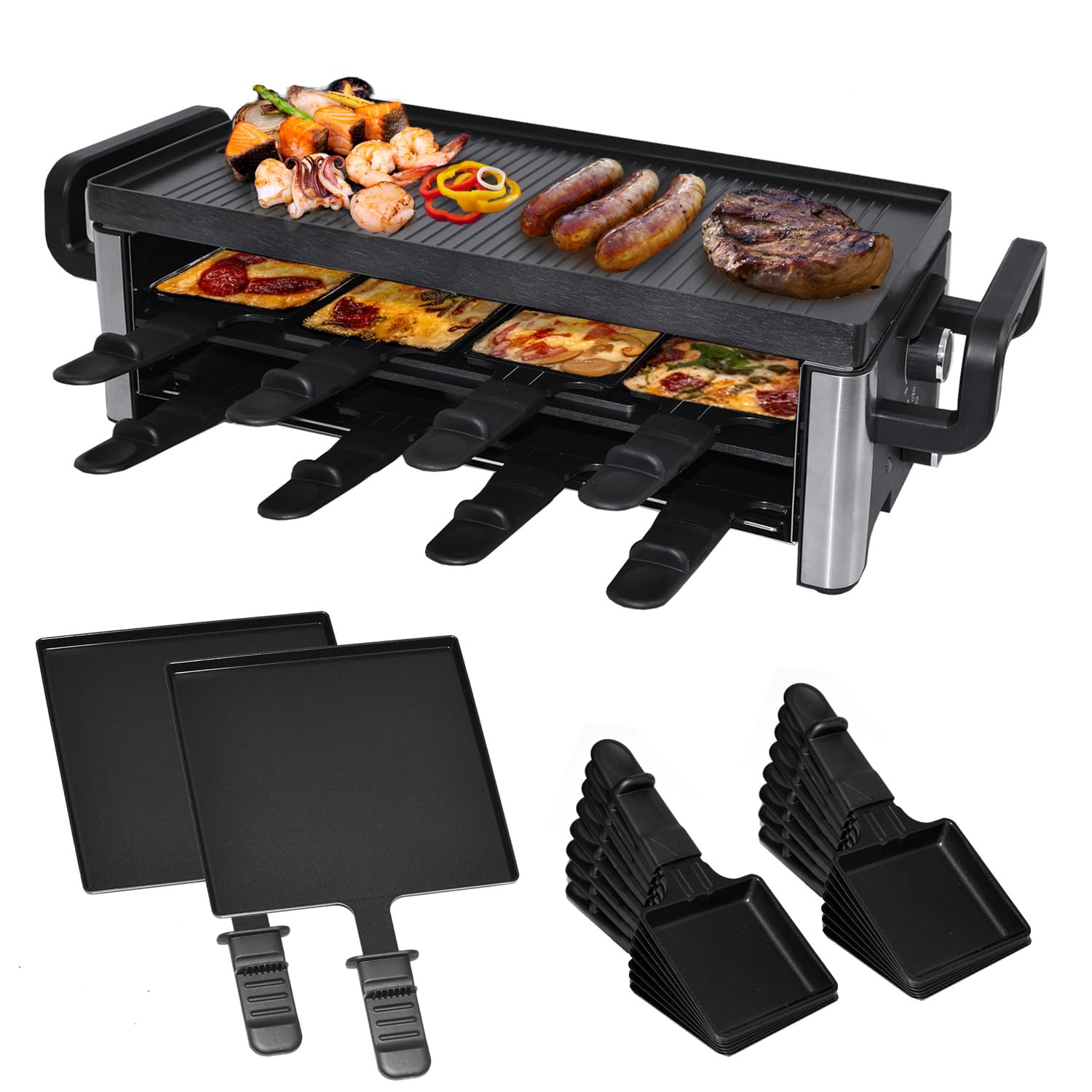 Syntrox 16 Personen Raclette | Tischgrill | Pizzagrill | Pfännchen | emailliert, für große Gruppen, Robust und langlebig, Edelstahl, Schwarze Optik