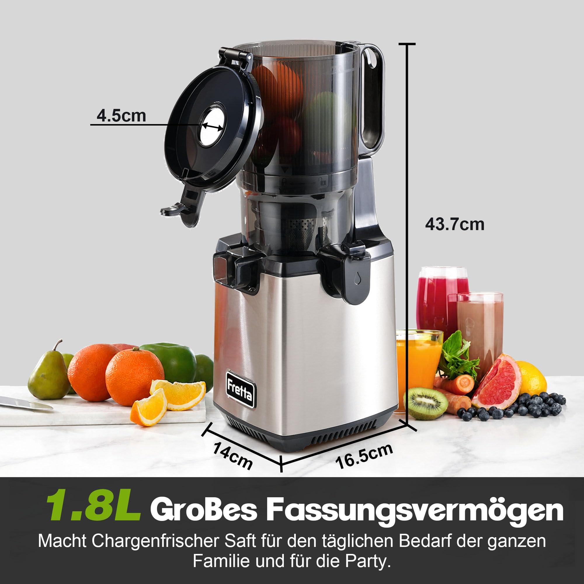 Fretta Entsafter Slow Juicer Entsafter Gemüse und Obst Testsieger Edelstahl | BPA-frei,Einfache Reinigung,Leise, Hohe Saftausbeute,Ganze Früchte,Leistungsstarke 250W,130mm Großem Öffnung,Reverse-Funktion
