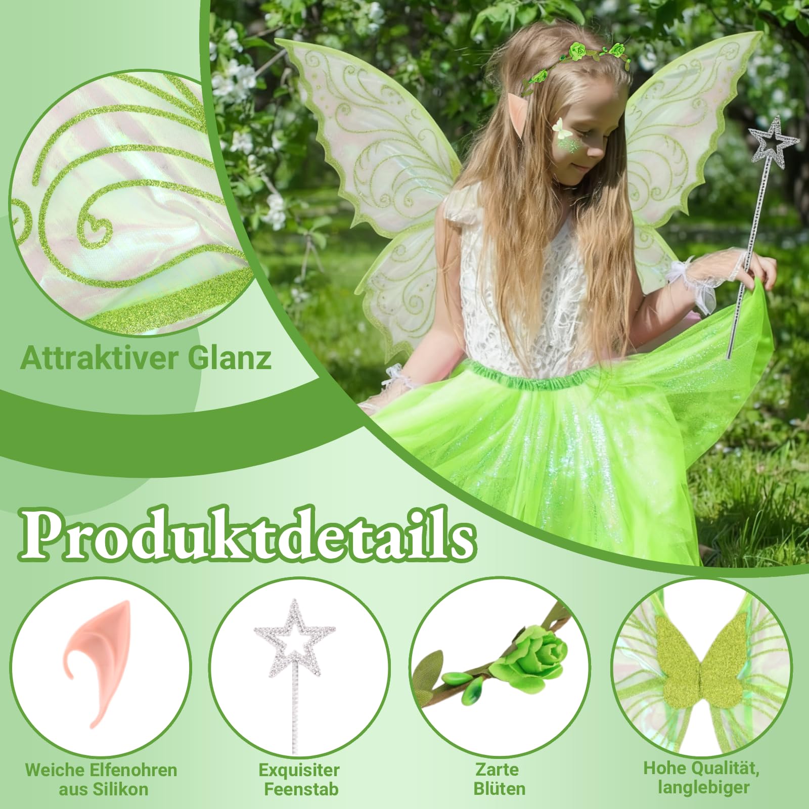 Costume Con Ali Di Fata E Farfalla, Set Completo Con Bacchetta, Fascia, Paillettes E Capelli, Per Bambine E Donne, Carnevale E Halloween