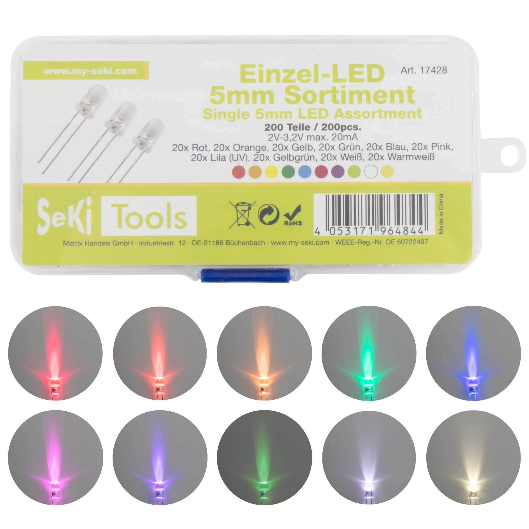 SeKi Assortimento LED con 200 diodi luminosi da 5 mm, 10 valori, rosso, arancione, giallo, verde, blu, rosa, viola (UV), giallo, verde, bianco, bianco caldo, super luminoso