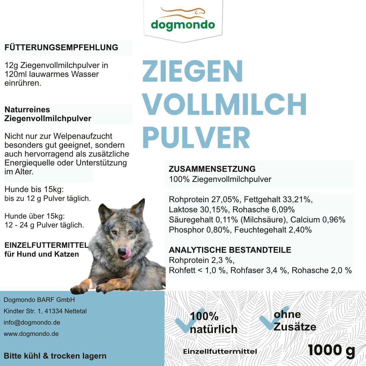 Dogmondo's Ziegenvollmilchpulver 1000g - Premium Ziegenmilch, Welpenmilch, Ersatzmilch ohne Zusätze. 100% Naturprodukt für Hunde, Katzen, Welpen und Kätzchen