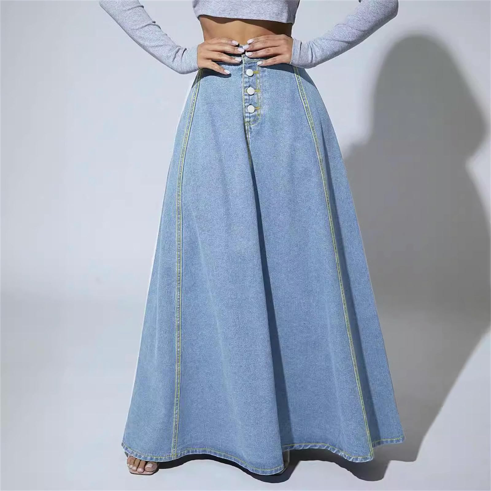 Rock Einreihiger Jeansrock Für Damen – Schicker, Ausgestellter Midirock In A-Linie (frühling Sommer)-hellblau-l