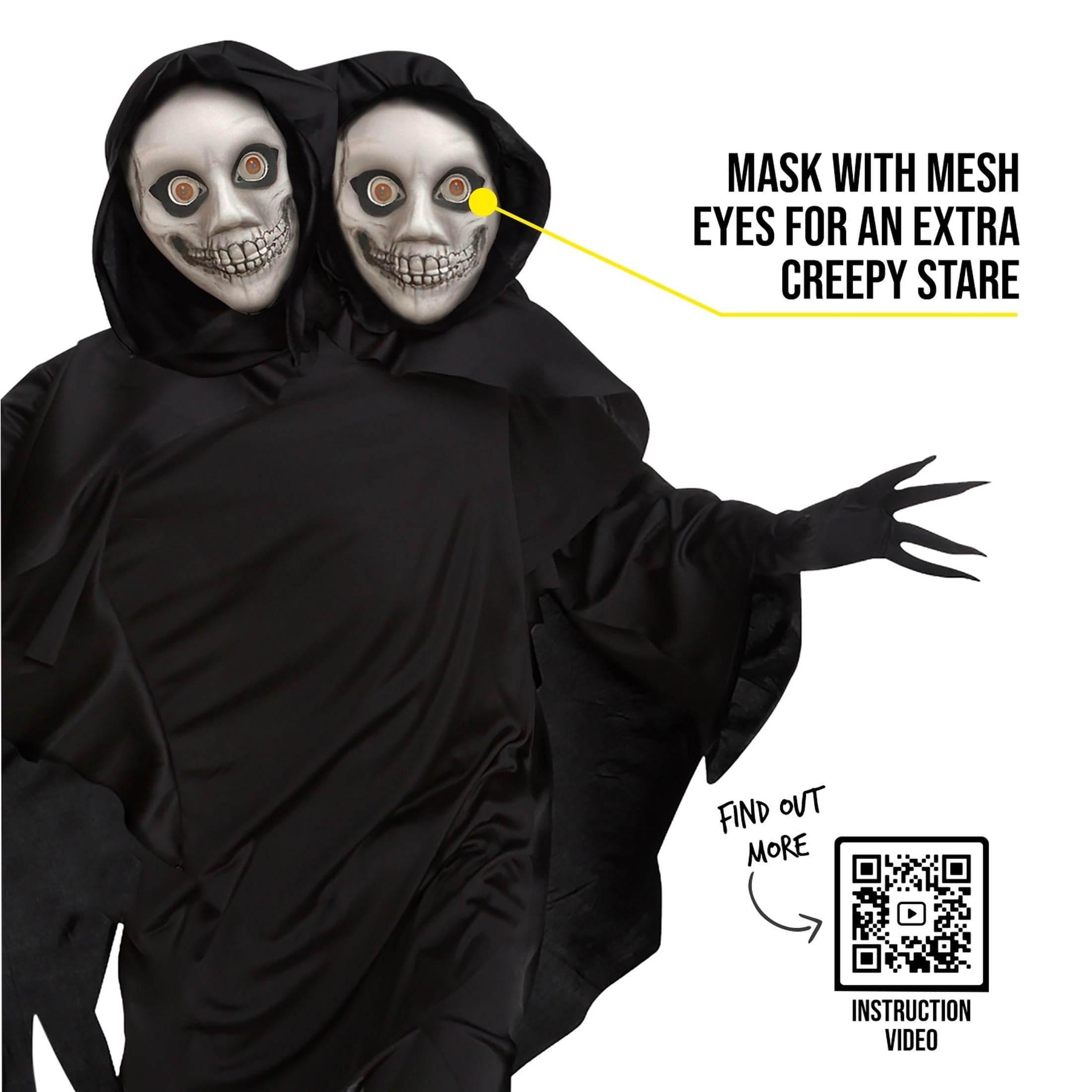 Morph Disfraz Muerte Dos Cabezas Hombre Halloween Túnica Negra Capucha Guantes Puntiagudos Máscara Terror