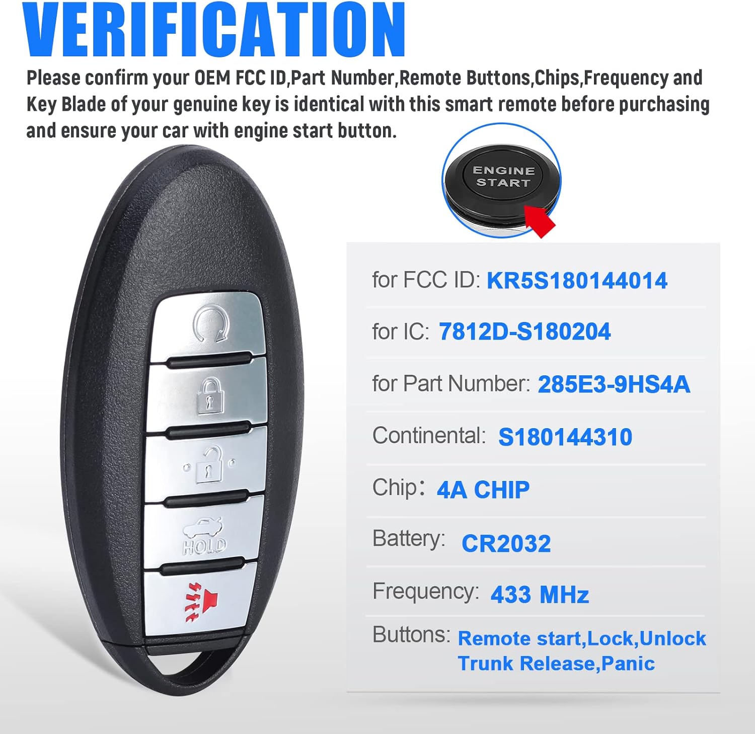 Keymall Keyless Entry Remote Proximity Smart Key Insert Key fob Replacement for Nissan Altima Maxima 2016 2017 2018 433MHz 4A Chip 5 Buttons KR5S180144014 7812D-S1801204