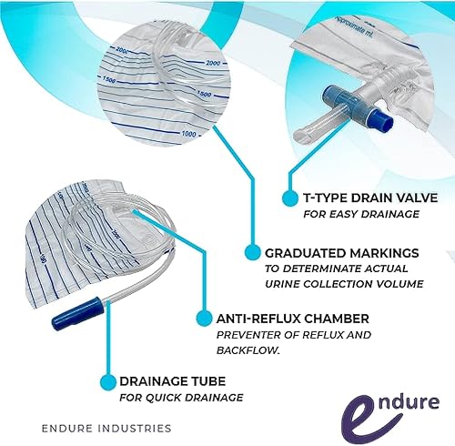 Miniatura 3 de Endure Bolsa desechable para orina estéril para adultos, 67.6 fl oz, bolsa de drenaje médico de emergencia unisex con válvula antirreflujo (10)