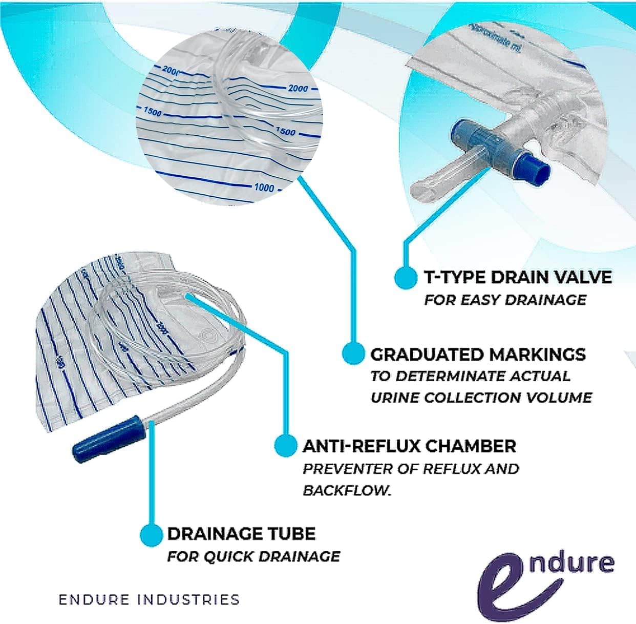 Endure - Bolsa de orina estéril desechable para adultos, 2000 ml, paquete de 10 bolsas unisex de drenaje médico de emergencia con válvula antirreflujo