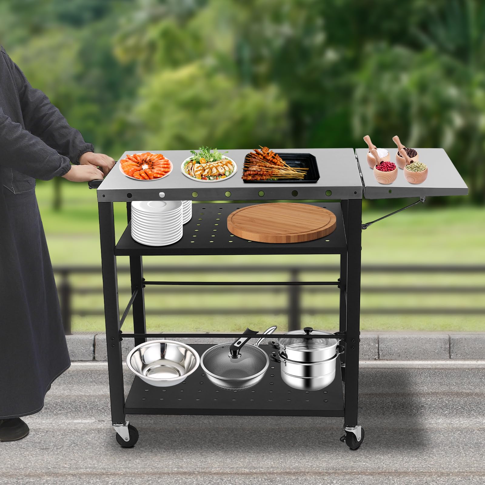 Carrello da pranzo con piano in acciaio inossidabile, carrello portatile per barbecue con tavolino pieghevole, 4 ruote, ganci, tavolo mobile per la preparazione degli alimenti a 4 ripiani